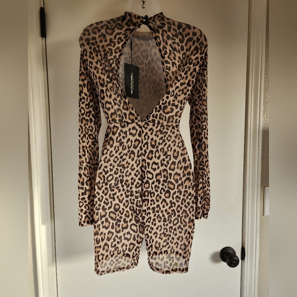 Prettylittlething Tan Leopard Print Sheer Mesh Unitard Jumpsuit - Picture 8 of 10
